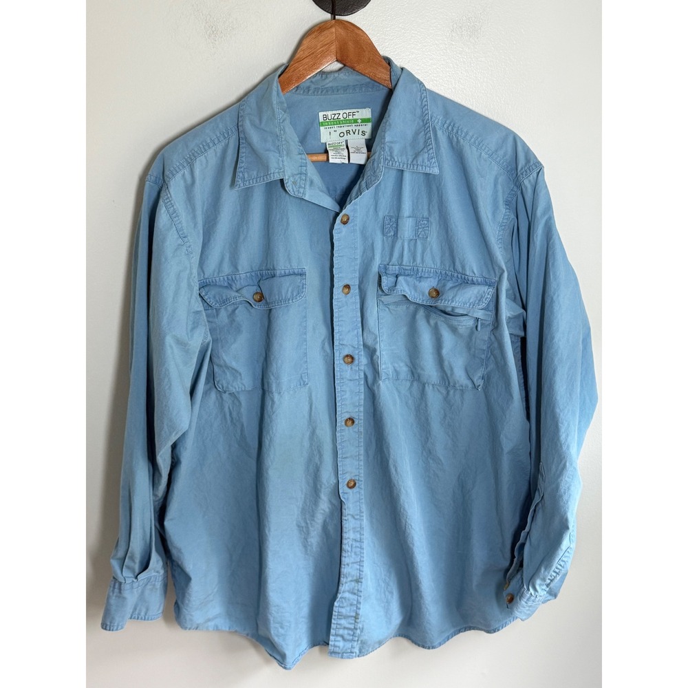 Orvis Buzz Off Insect Shield Mens Large Blue Cotton Fishing Hiking Utility Shirt